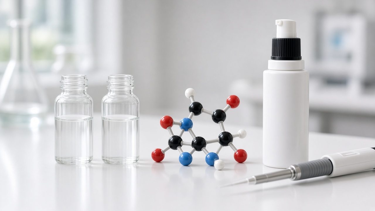 Two glass vials of clear acetyl octapeptide-3 and acetyl hexapeptide-8 solutions beside a peptide molecular model, a white airless serum pump and a micropipette on a white lab bench