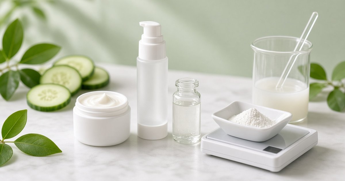 White jar of light eye cream beside an airless pump, a vial of clear peptide solution, white powder on a lab scale and a beaker of emulsion with cucumber slices