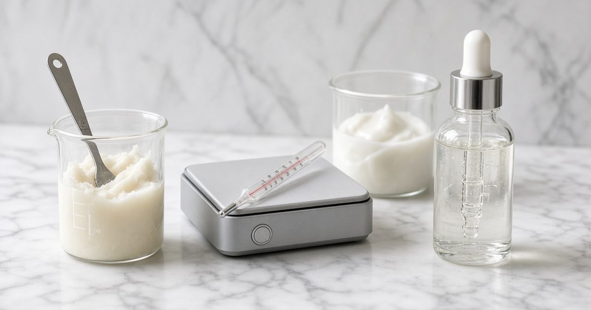 Beaker of waxy oil-soluble peptide paste beside a dropper bottle of clear peptide gel, a hot plate with thermometer and a beaker of cream emulsion on white marble