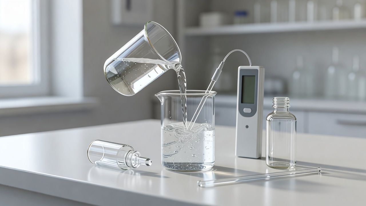Clear hydroxyethyl urea solution poured into a beaker of serum base beside a pH meter, glass bottles and a stirring rod on a white lab bench