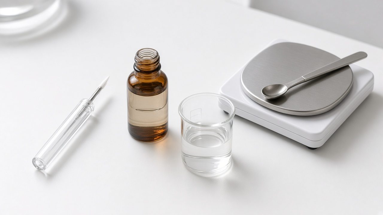Clear lash serum tube with a fine brush applicator next to an amber bottle of Myristoyl Pentapeptide-17 solution, a beaker of clear gel and a digital scale on a white lab bench