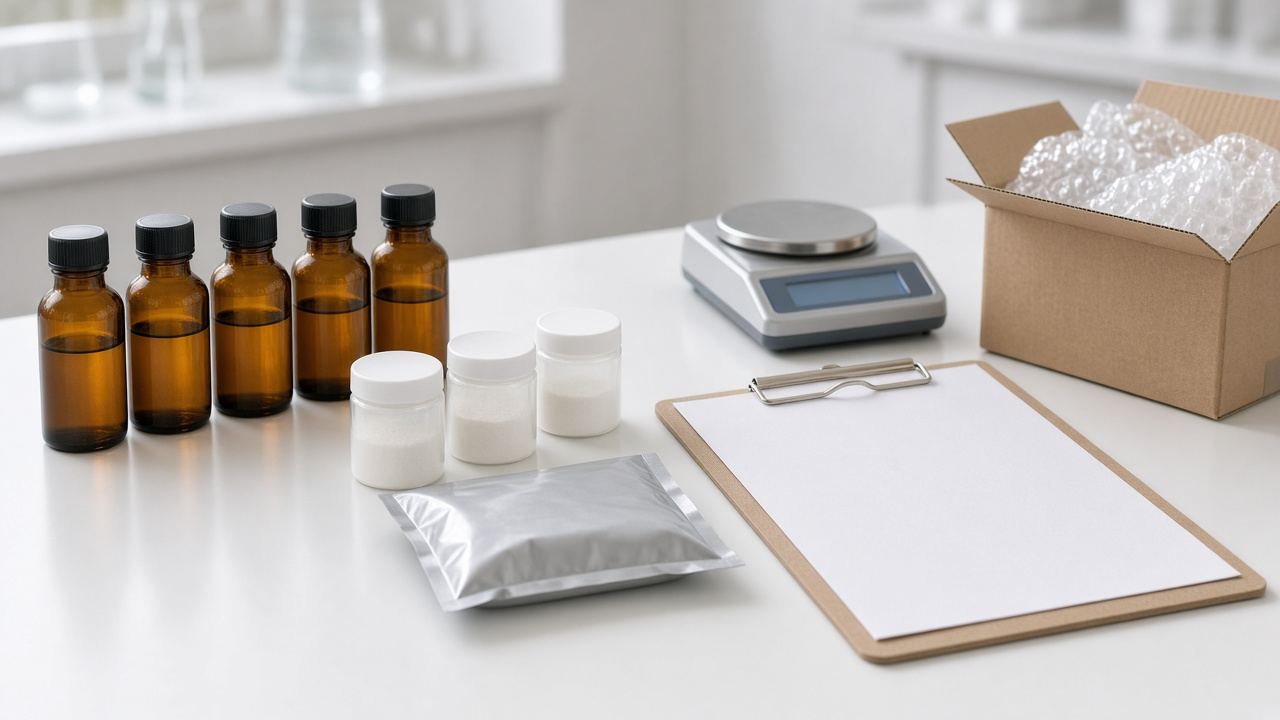 Amber bottles of peptide solutions, white jars of peptide powder, a sealed foil pouch, a blank certificate on a clipboard, a digital scale and a packed shipping box on a white lab bench